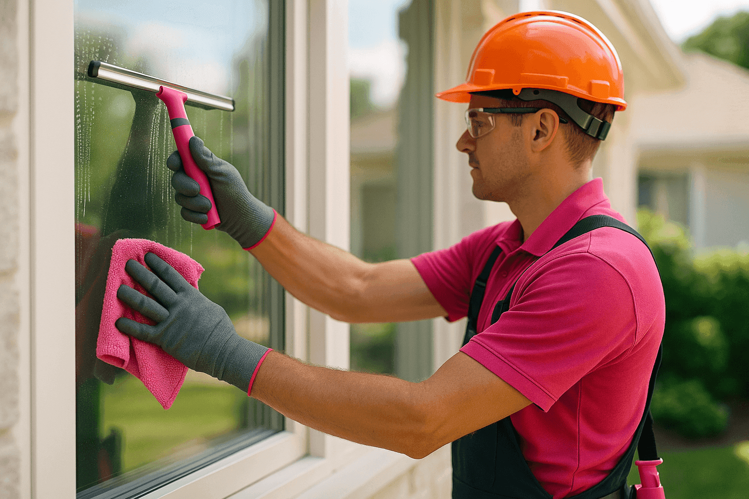 Professional window cleaner wearing safety gear cleaning large residential window from outside home