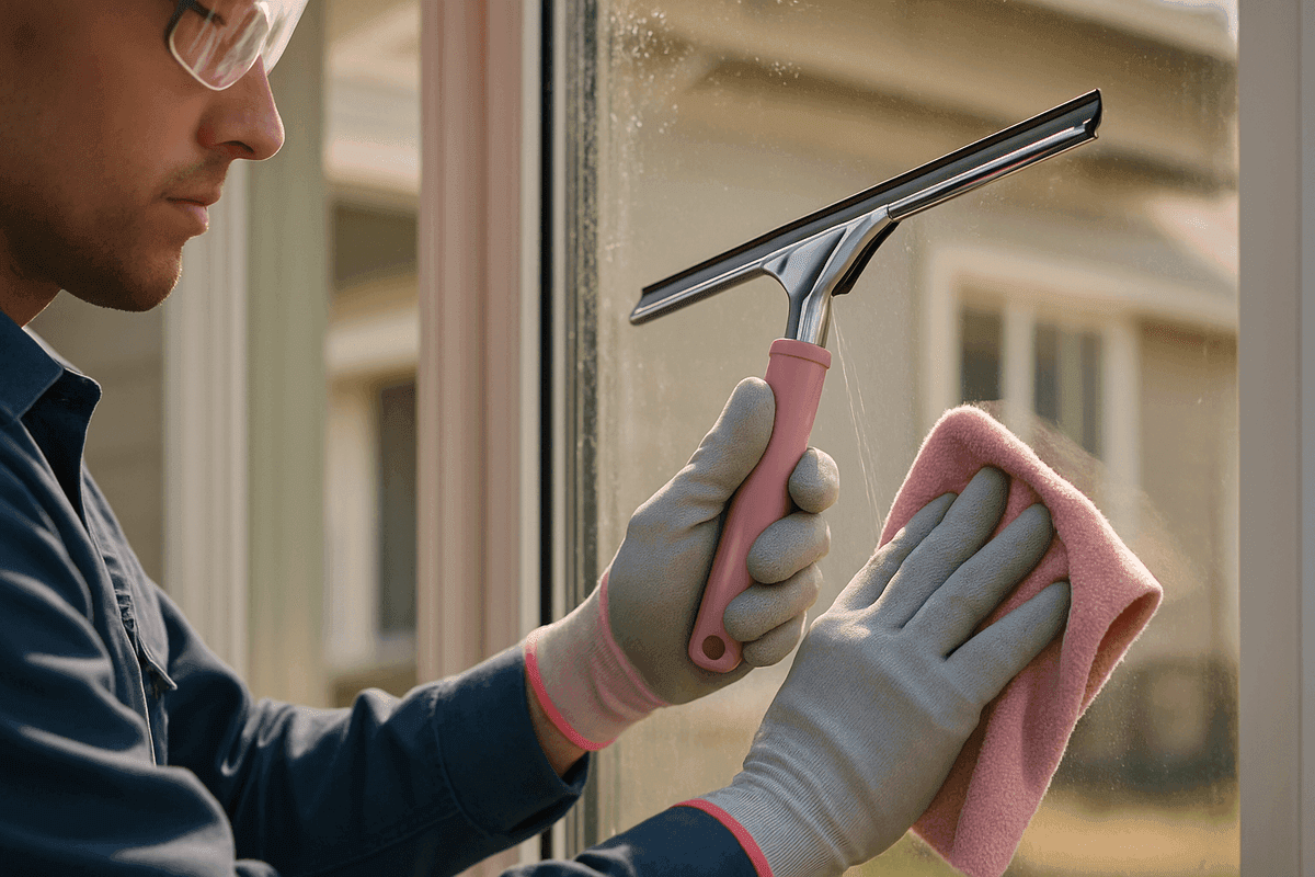 Close-up of gloved hands wiping residential window with squeegee and crofiber cloth